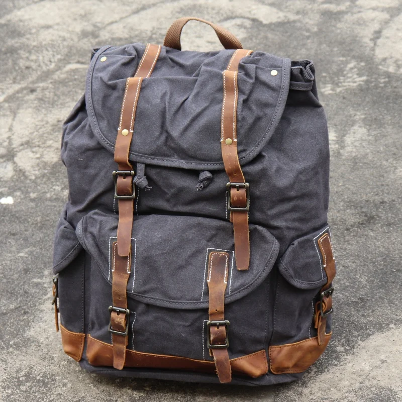 Vintage Waxed Canvas Backpack Large College School Daily Daypack Waterproof Outdoor Hiking Bag Durable Travel Backpack for Men