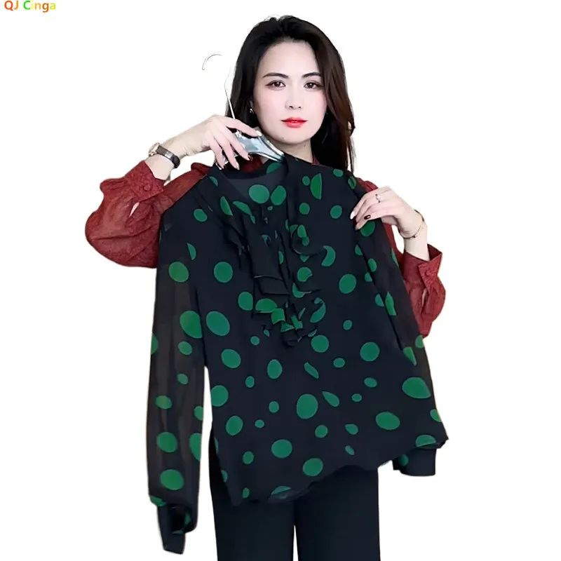 

Green Long Sleeve Chiffon Blouse for Women with Bow Decorations, Red and Gray Options Available Shirt