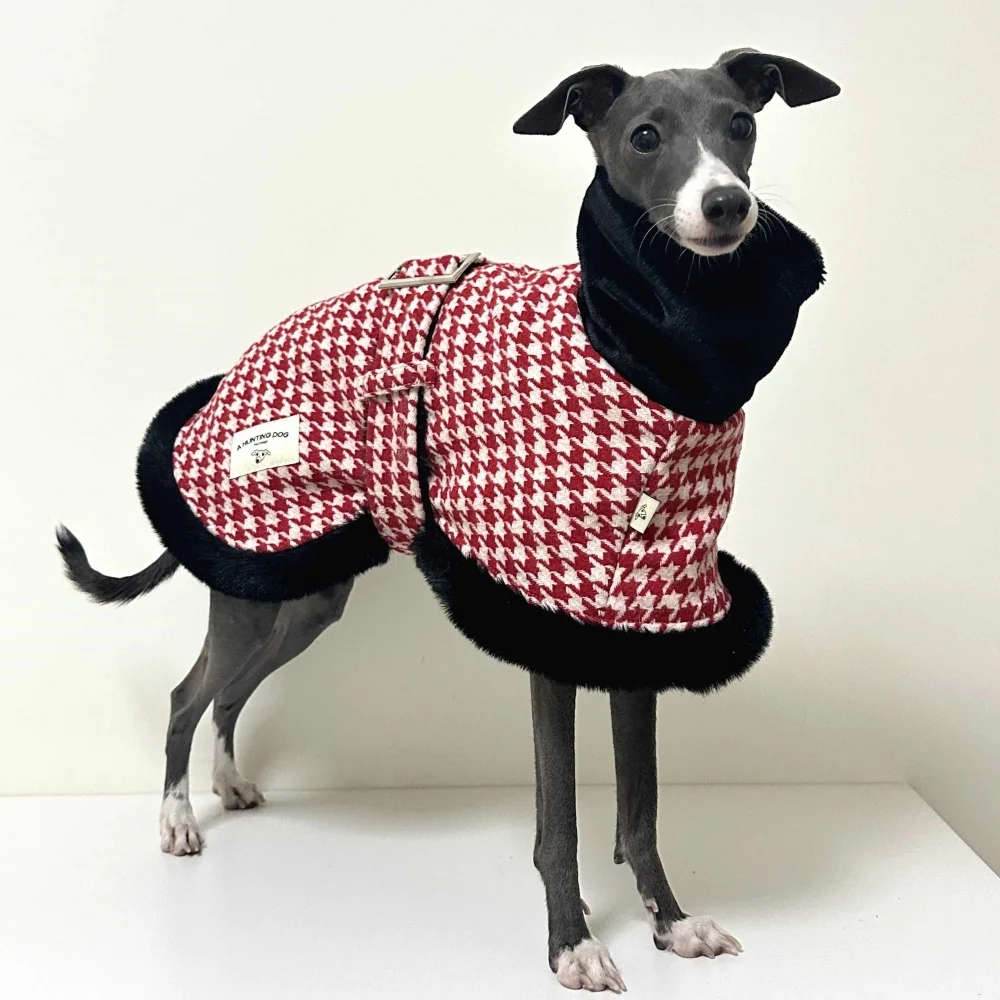 Elegant Adjustable Waistband Red Houndstooth Winter Cotton Coat For Italy Greyhound  Windproof Warm Cape Jacket for Whippet Dog