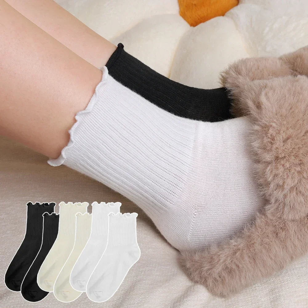 1/2/5/10Pairs Cotton Ruffle Socks Middle Tube Ankle Breathable Black White Spring Autumn Casual Sock Cute Lolita Korean Stocking image 3