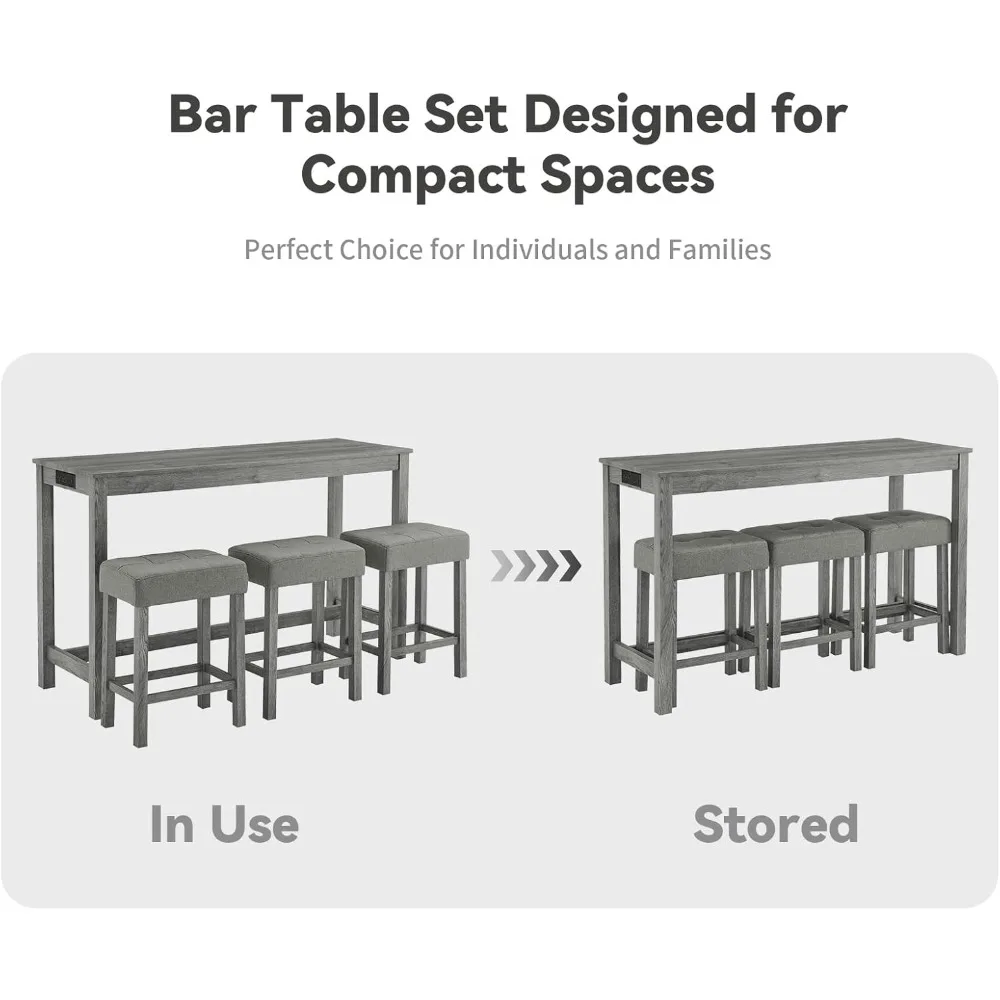 59" Industrial 4 Piece Bar Table Set with Built-in Power Outlet, Behind Couch Sofa Table with 3 Linen Upholstered Stools, Bar Ta
