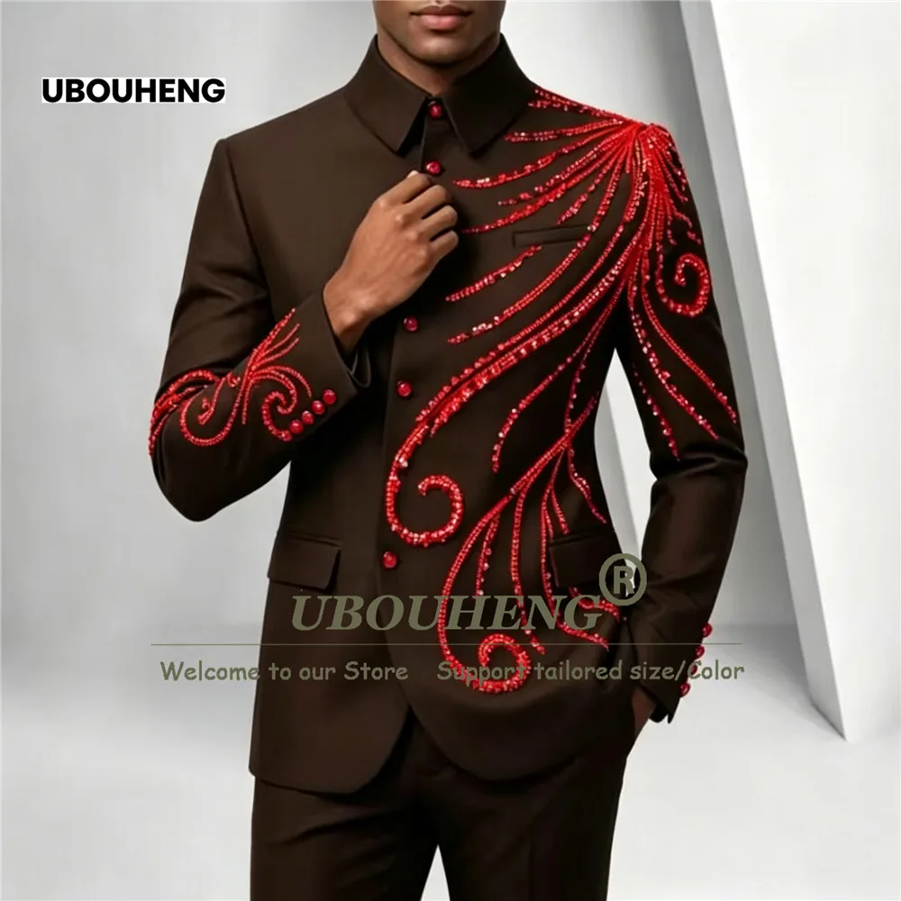 African Men Formal Suit Red Swirl Embroidery Rhinestone Blazer Stand Collar Jacket Pants 2 Piece Customized Tuxedo Wedding Guest