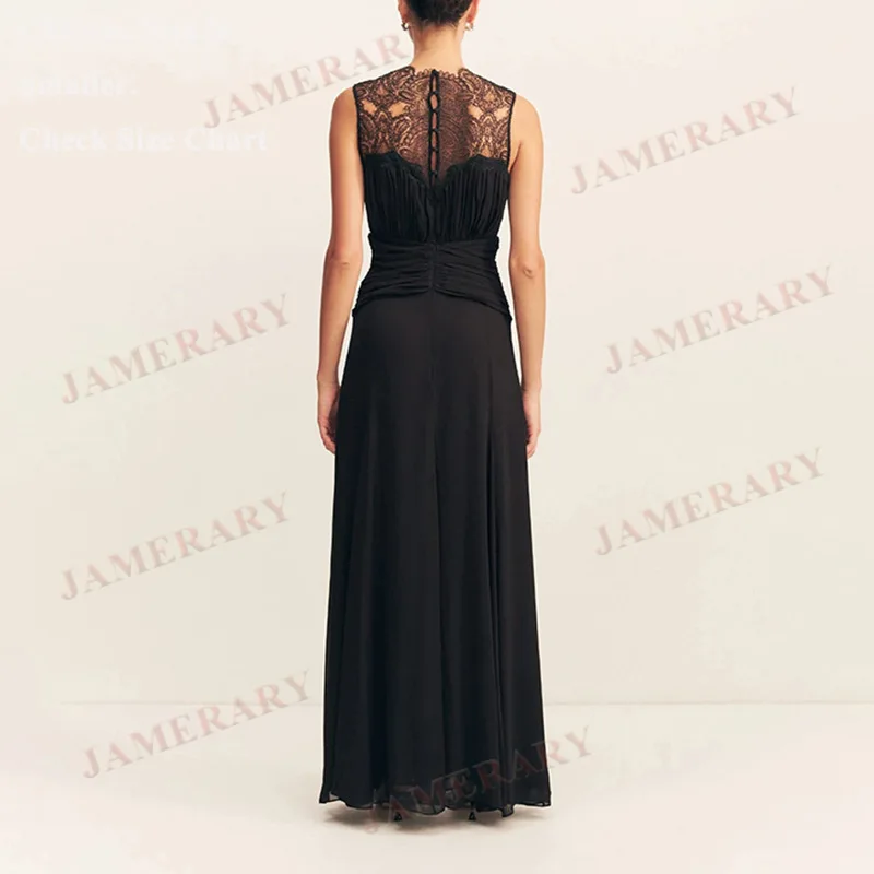 ชุดเดรสยาวผ้าชีฟองลูกไม้ฤดูร้อน ดีไซน์หรูหรา ทรงเอ พลีท สำหรับงานพรอมหรืองานปาร์ตี้ สีดำ ซีทรู คุณภาพดี