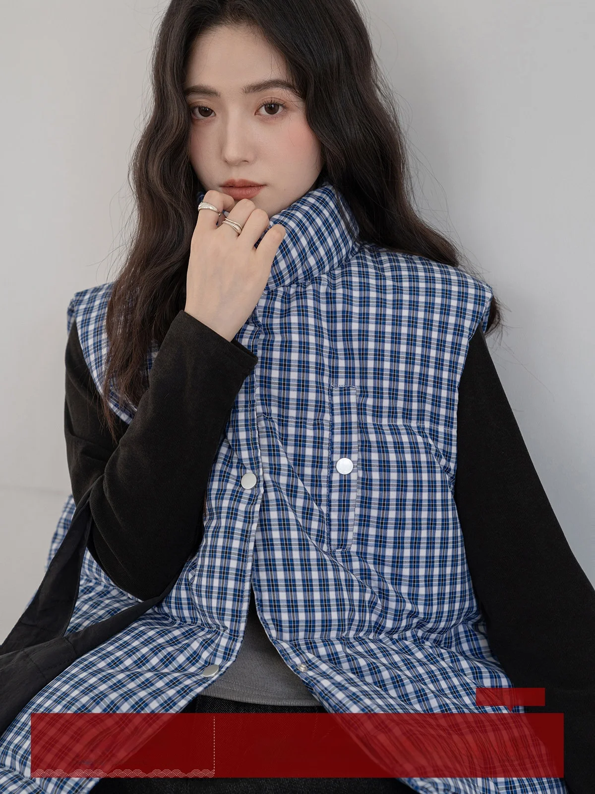 

Blue Plaid Stand Collar Loose Women's Vest Jaet Durable Polyester Fiber Commute Sle Autumn Winter Outerwear Coat