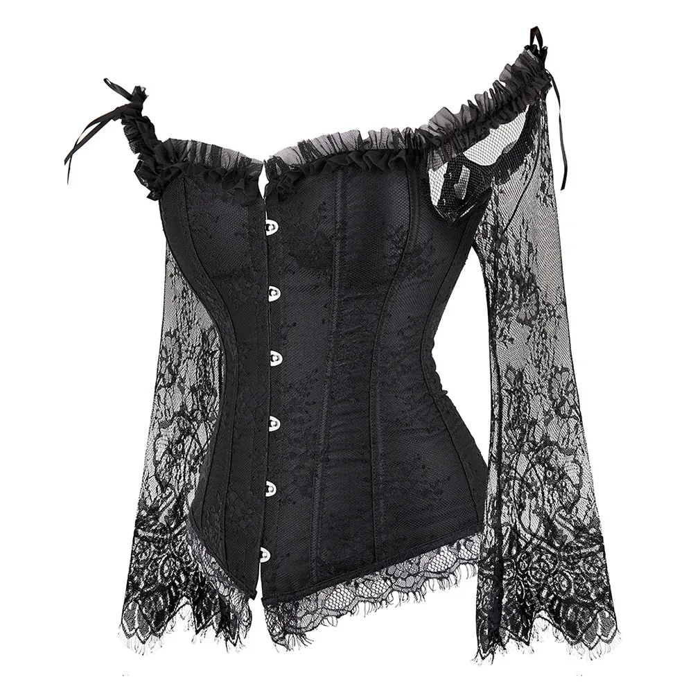 Vintage Women Sexy Bustier Off-Shoulder Sleeves Lace Embroidered Corset Gothic Blouse Overbust Corselet Top Lingerie Plus Size