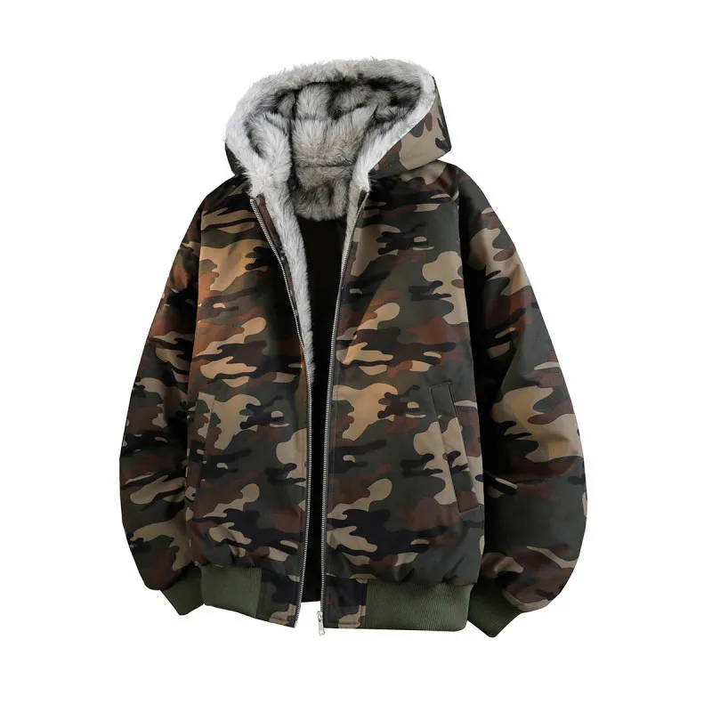 

Men Women Winter Print Jacket Hooded Camouflage Thick Parkas Jacket Fur Collar Warm Unisex Loose American Coat Couple Clothing