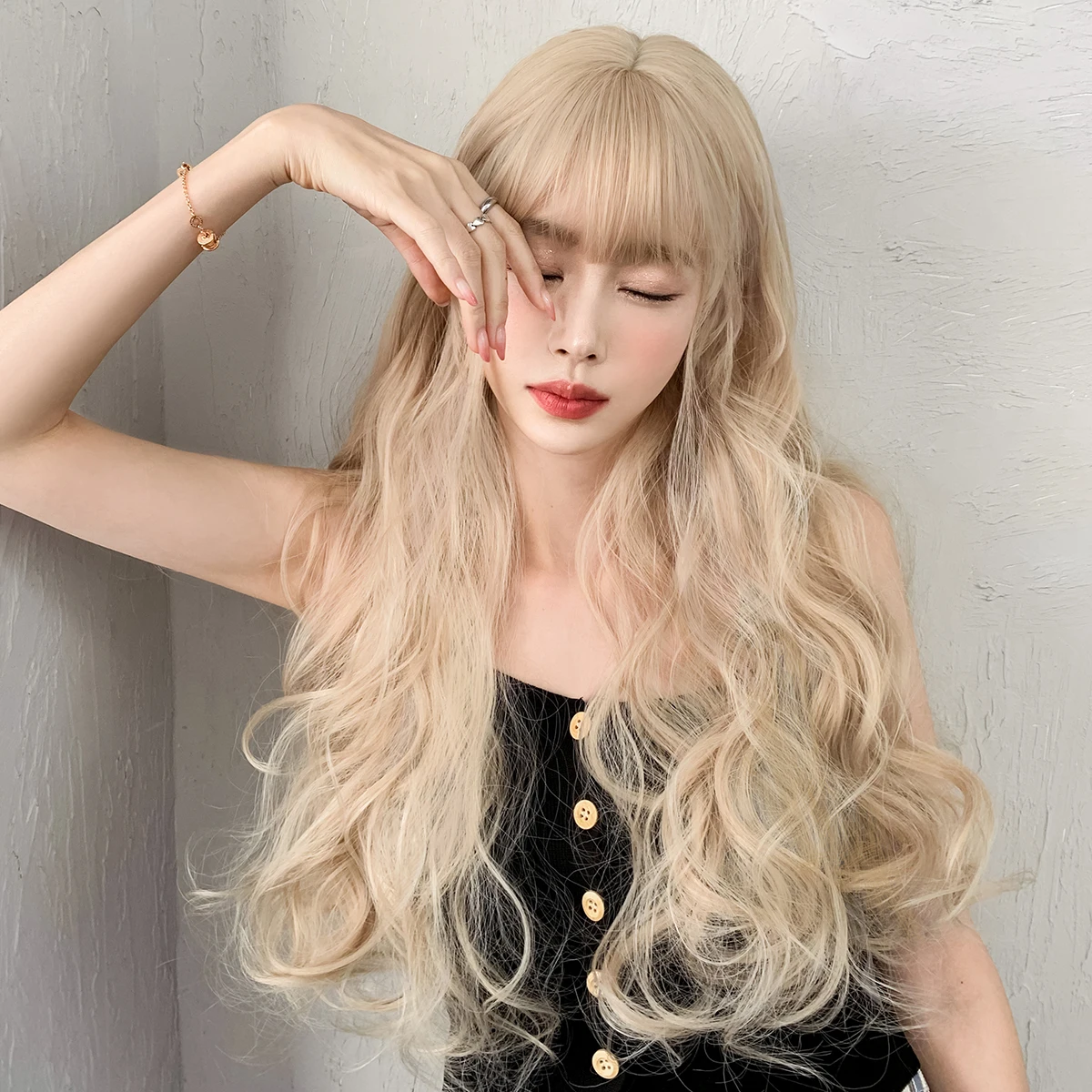 7JHH 여성용 긴 웨이브 금발 가발, 데일리 파티 및 코스프레 천연 합성 헤어 가발, 앞머리 포함, 고품질 로리타 가발