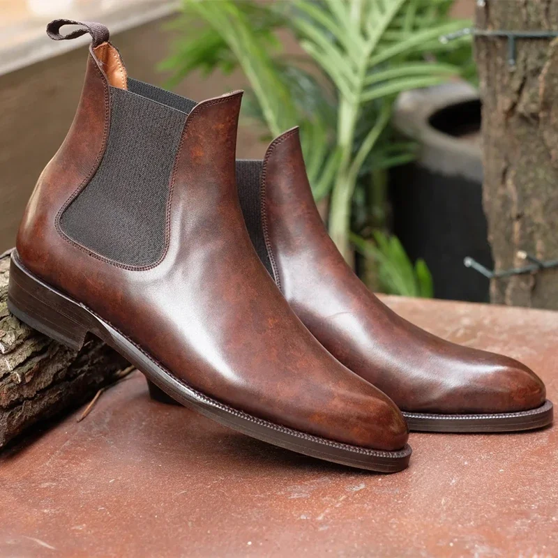 

New In Chelsea Boots for Men Brown Round Toe Business Ankle Boots Vintage Boots Zapatos De Seguridad Hombre