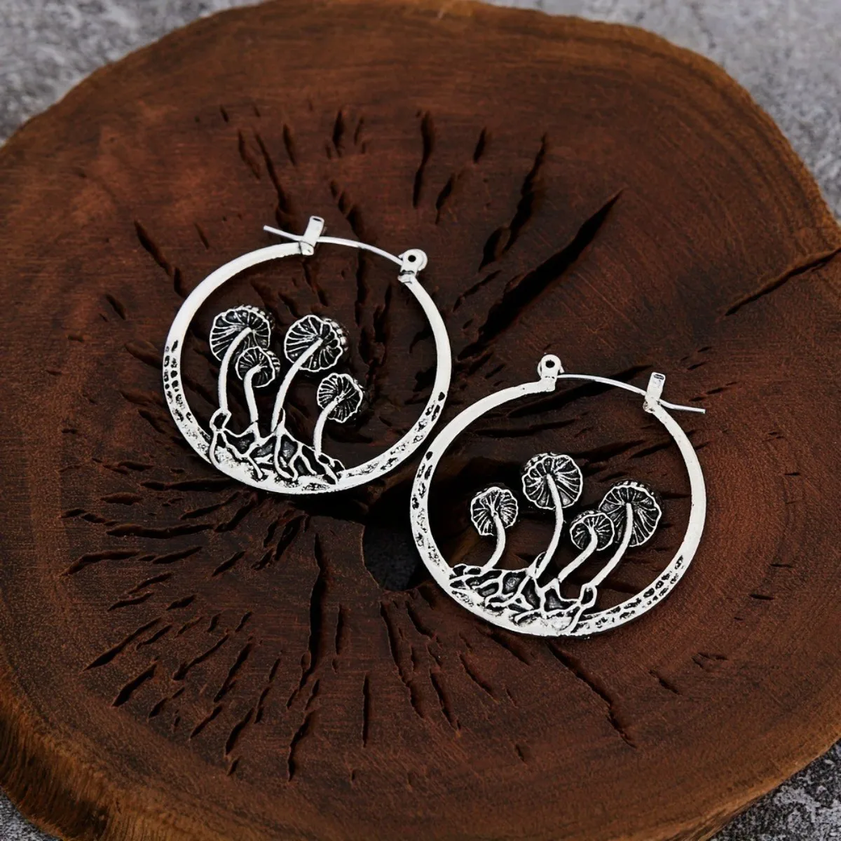 Retro Mushroom Shaped Hollow Ring Earrings For Women Men Personalized Silver Color Metal Party Daily Jewelry image 2