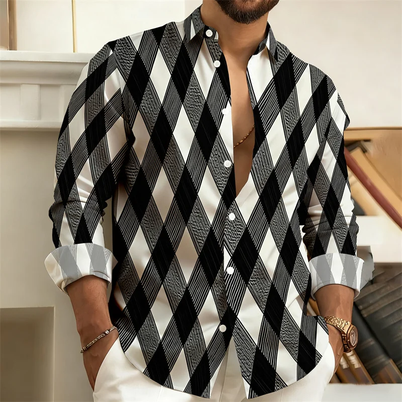 New men's black and white diamond pattern long-sleeved shirt, fashionable casual loose-fitting shirt, outdoor casual trendy top.