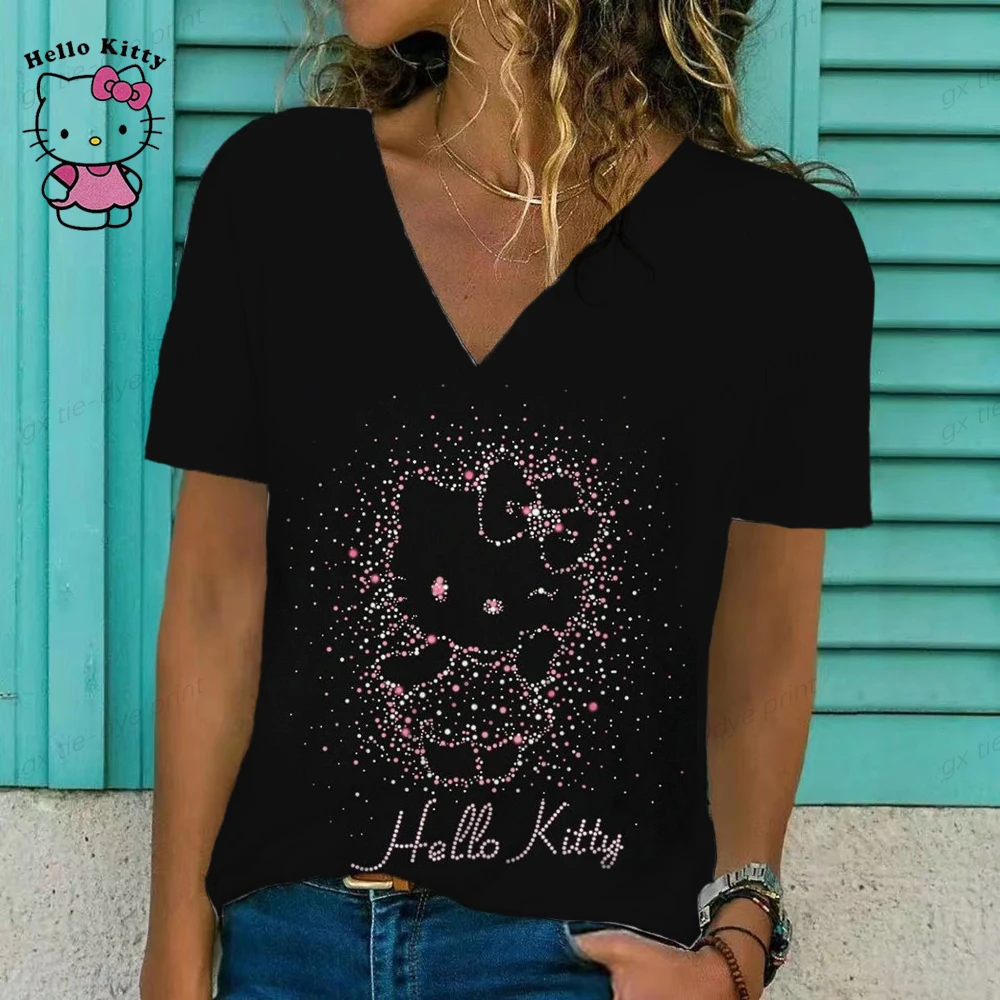 

Новая женская футболка с милым мультяшным принтом «Hello Kitty» и 3D принтом, винтажные футболки с короткими рукавами и v-образным вырезом в стиле Харадзюку Y2k, повседневные топы большого размера