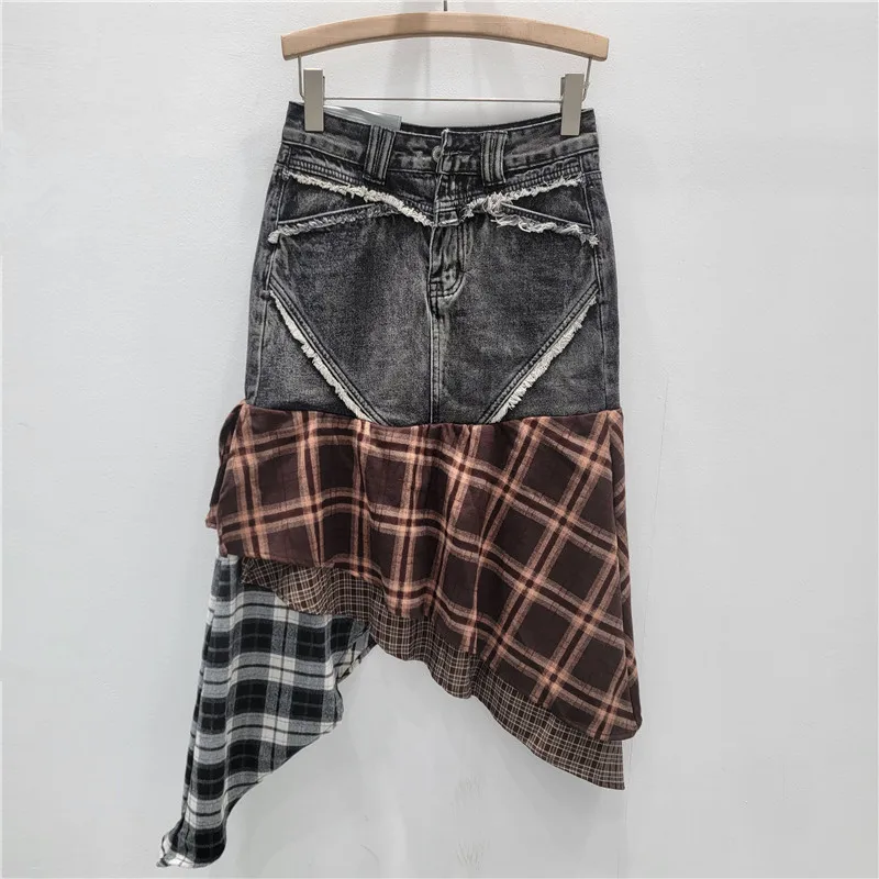 

Asymmetric Plaid Denim Skirt | 2025 Fall American High Street Patchwork Midi, Edgy Style