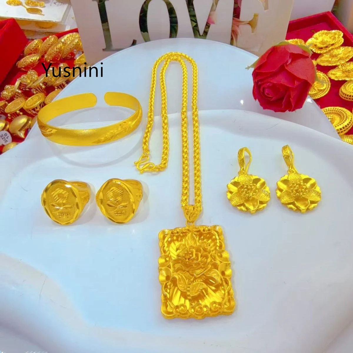 

New Fashion 24K Gold Plated Necklace Earrings Rings Bracel ets Wedding Party Jewelry Set YY10939
