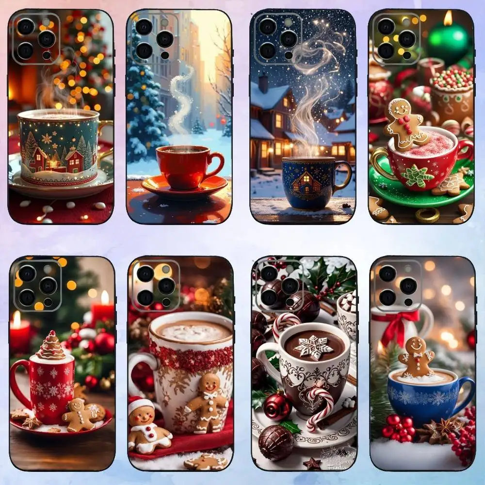 

Christmas Art winter Coffee Phone Case For iPhone17,16,15,14,13,12,11 Plus,Pro Max Soft Black Cover