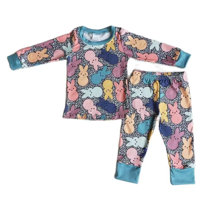 

Boys Easter Colorful Bunny Long Sleeve Pants Pajama Set