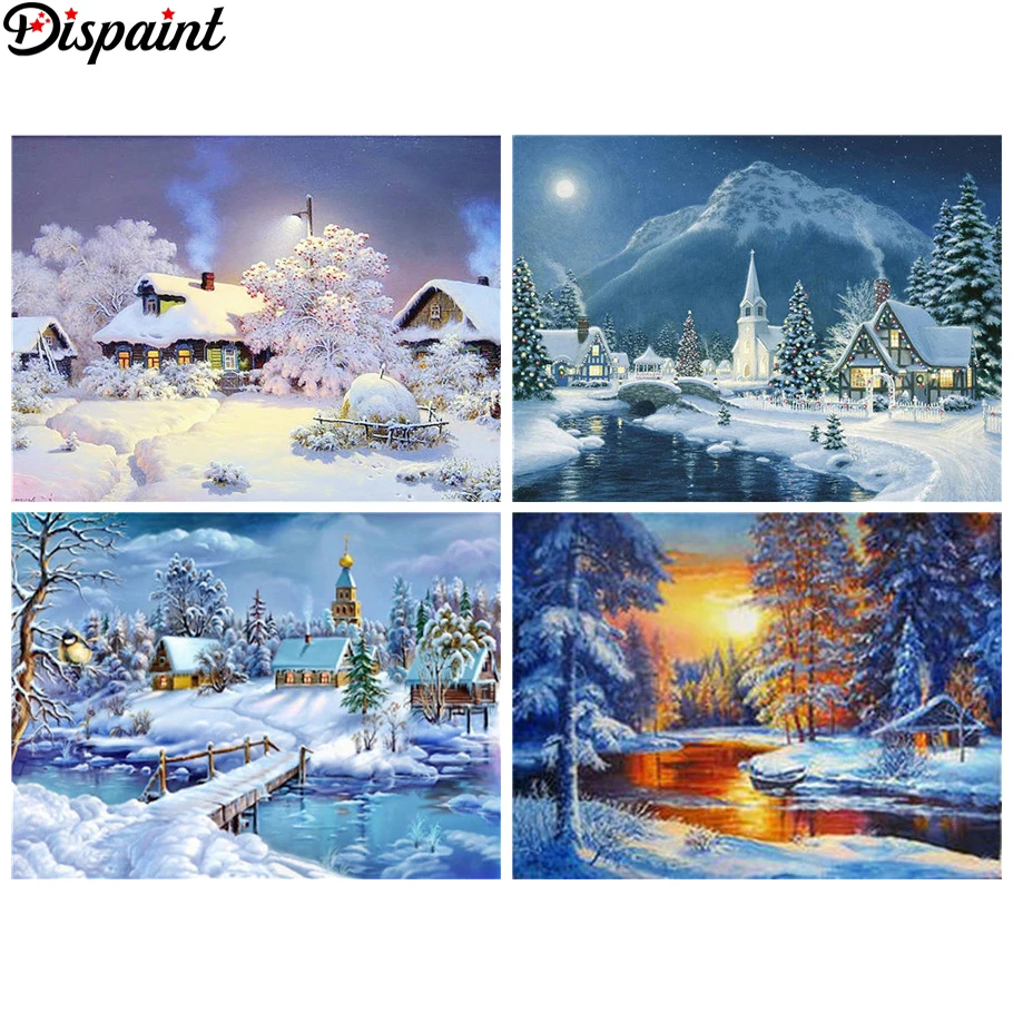 

Dispaint Full Square/Round Drill 5D DIY Diamond Painting "House snow winter" 3D Embroidery Cross Stitch 5D Home Decor Gift