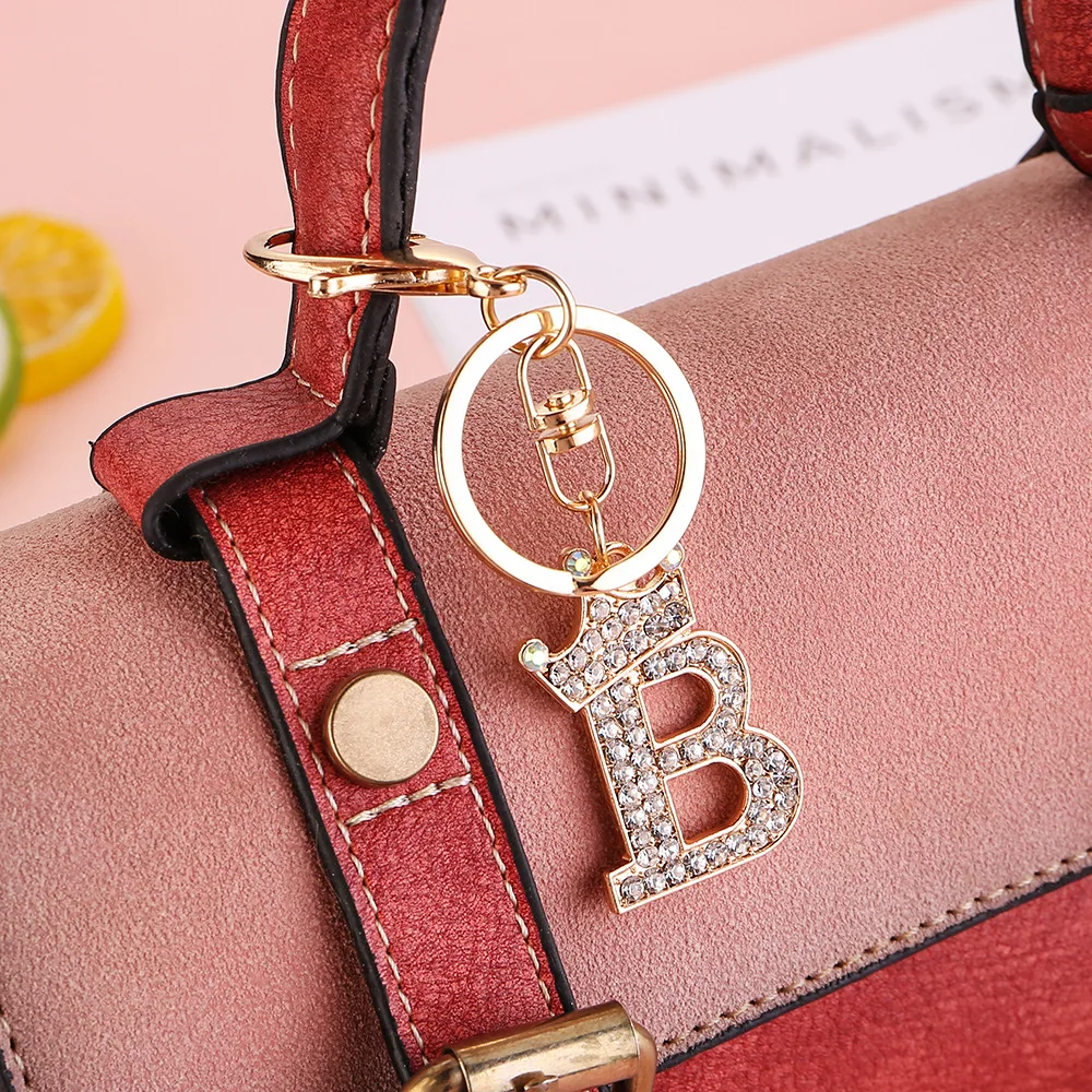 New 26 Letter Crystal Rhinestone Crown Keychain Charm Gold Key Ring Women Bag Ornaments Car Key Holder Accessoreis