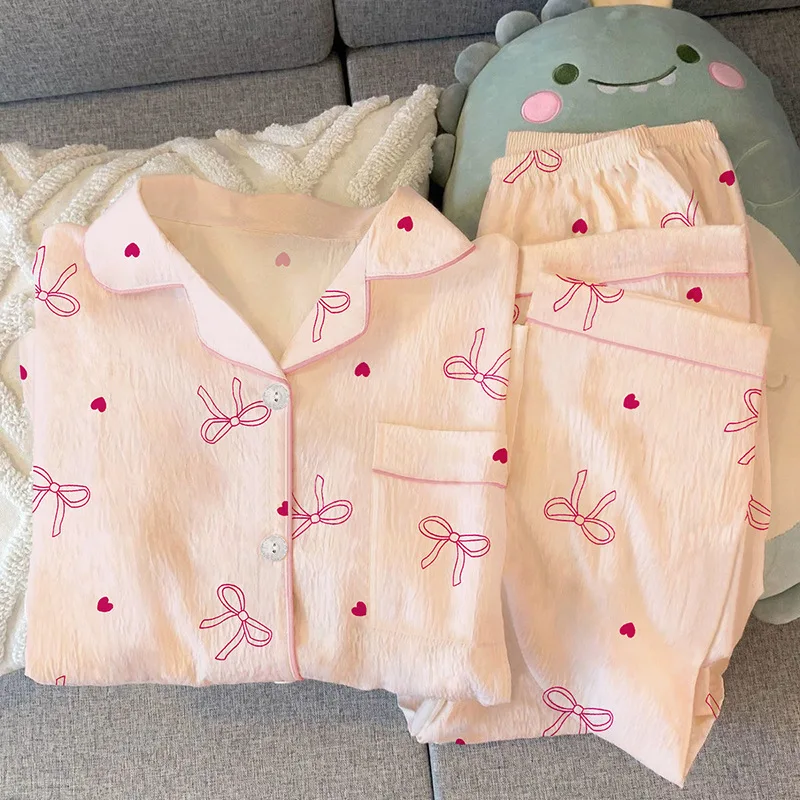 Koreanische Version: Lässiges Damen-Hausanzug-Set aus geknittertem Stoff im süßen Ins-Stil – Langärmeliges Hosen-Set für Frühling und Herbst als Nachtwäsche