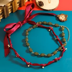 2 Pcs Red Ribbon Bow Beaded Neaklaces Luxury Elegant Pendant Choker Necklace For Women Banquet Party Accessories Friend Gift