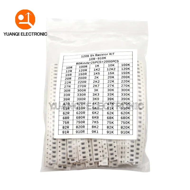 2000 Uds 4000 Uds 5% 0402 0603 0805 1206 Kit surtido de resistencias de Chip SMD 10 ohm - 910K 80 valores juego de muestras de resistencia