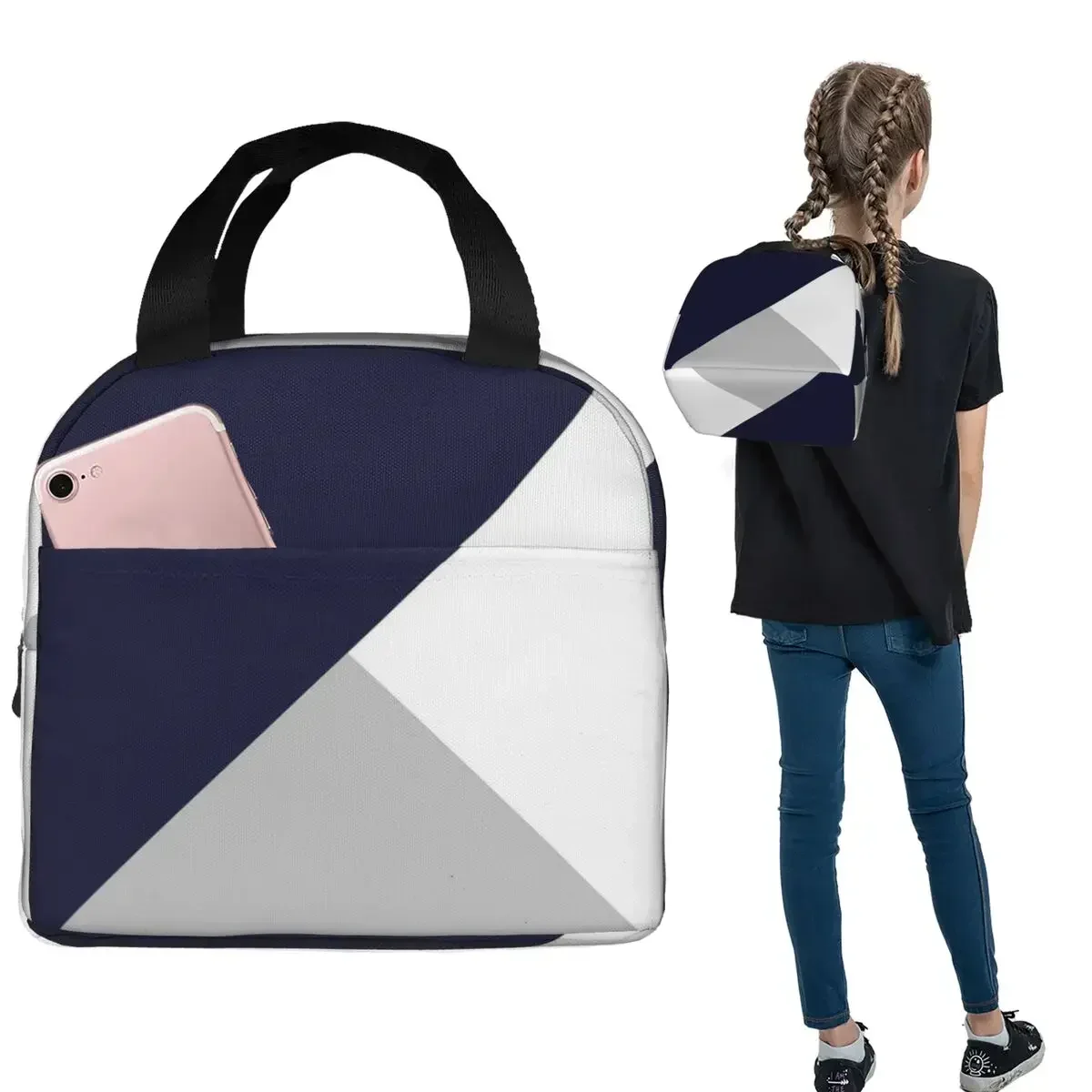 Tricolor Navy Blue Silver Gray And White Insulated Lunch Bag for Women Children Portable Food Boxes Thermal Lunch Box Tote