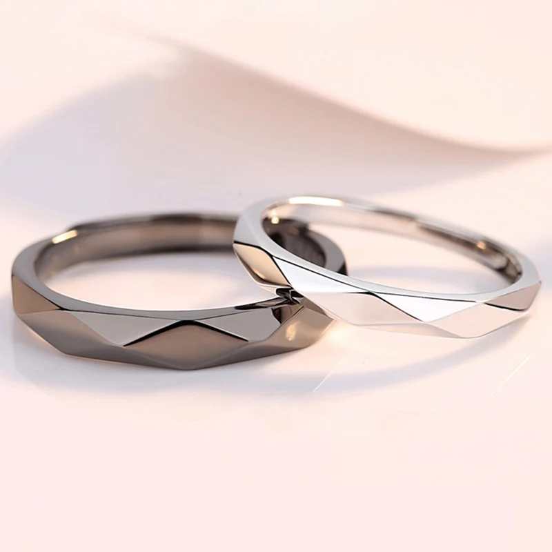 1Pair Luxury Couple Rings Women Men Rhombus Black Sliver Simple Ring Geometric Open Ring Lovers' Valentine's Day Jewelry Gifts