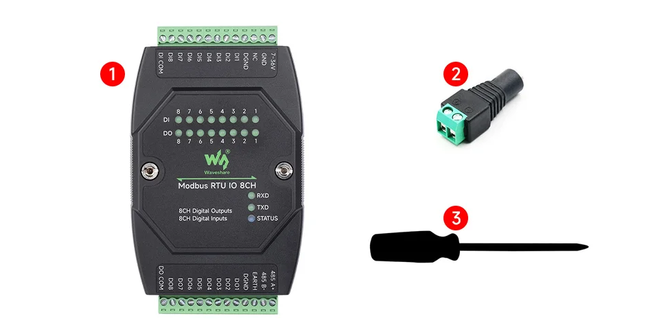 Waveshare Industrial 8-Ch Digital Input & Output Module, DC 7~36V Wide Voltage Power Supply, Modbus RTU Protocol, Rail-Mount