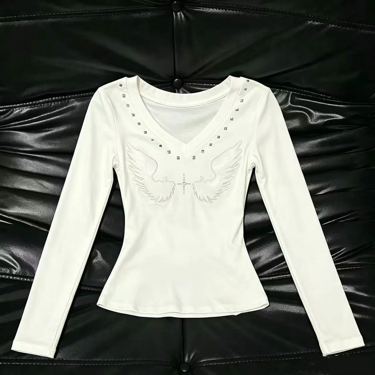 Retro American Subculture Long Sleeve Printed Slim Fit T-Shirt Spring Autumn Rivet Wings Slimming Y2K Spicy Girl Fashion Top