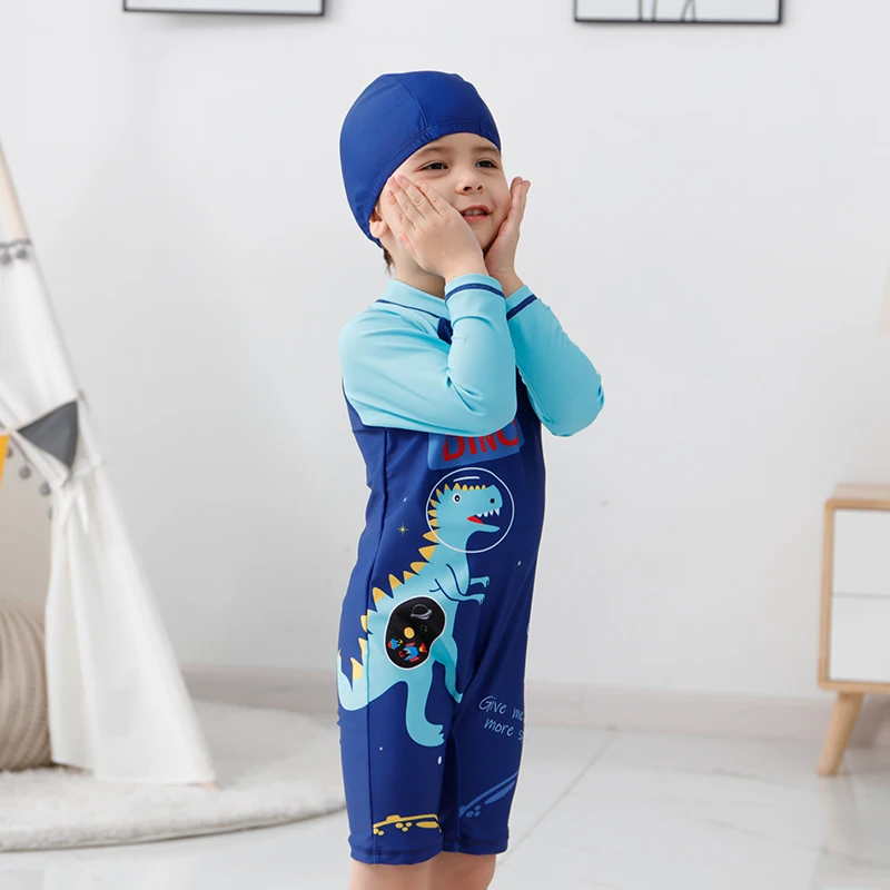 2-8 Y One Piece Boy Swimsuit With Hat 2022 New Dinosaur Print Sunscreen Surfing Suit  Kids Swimwear Bikini Children Beachwear