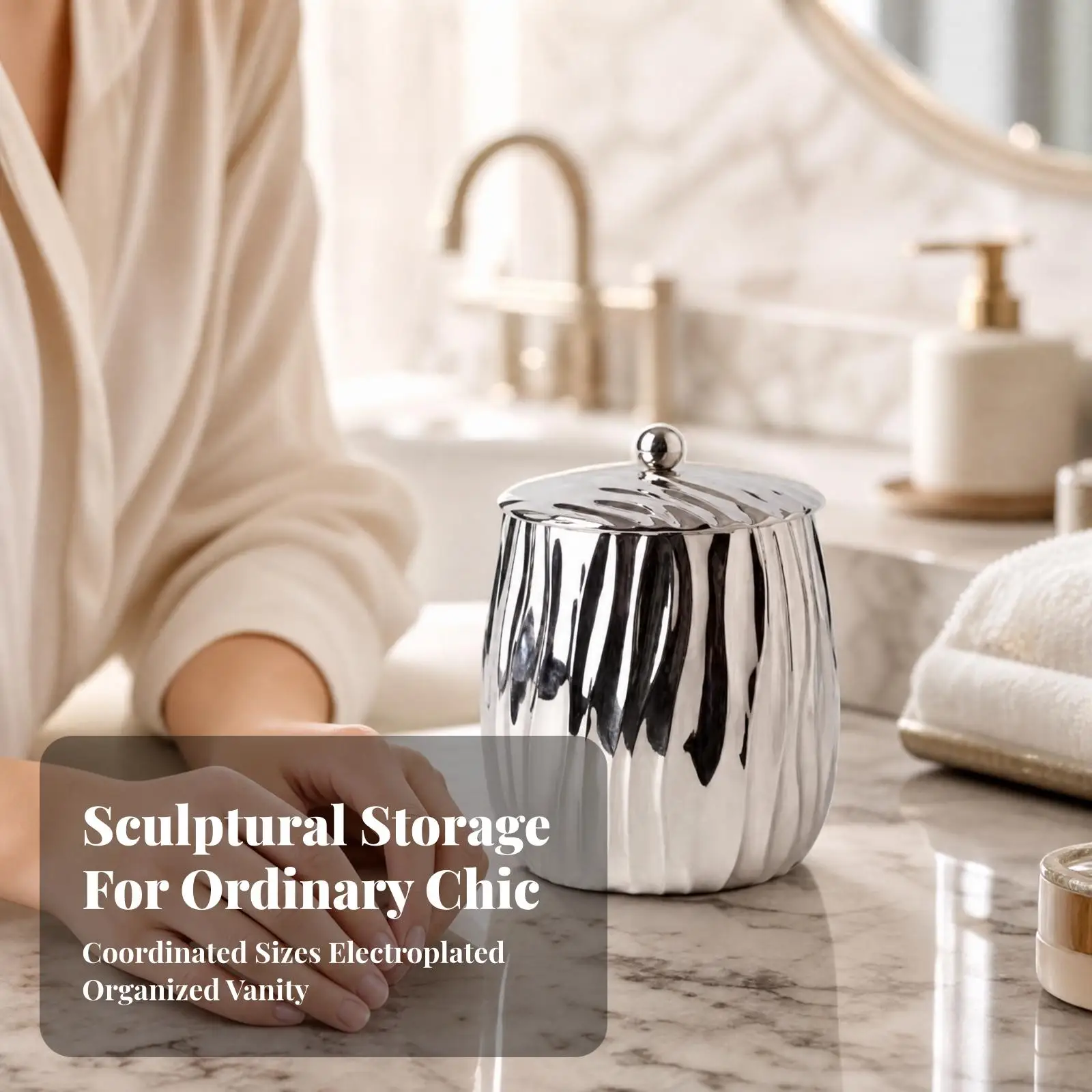 Silver Electroplated Storage Jar for Restroom Vanity Organizing Personal Care Items Holder