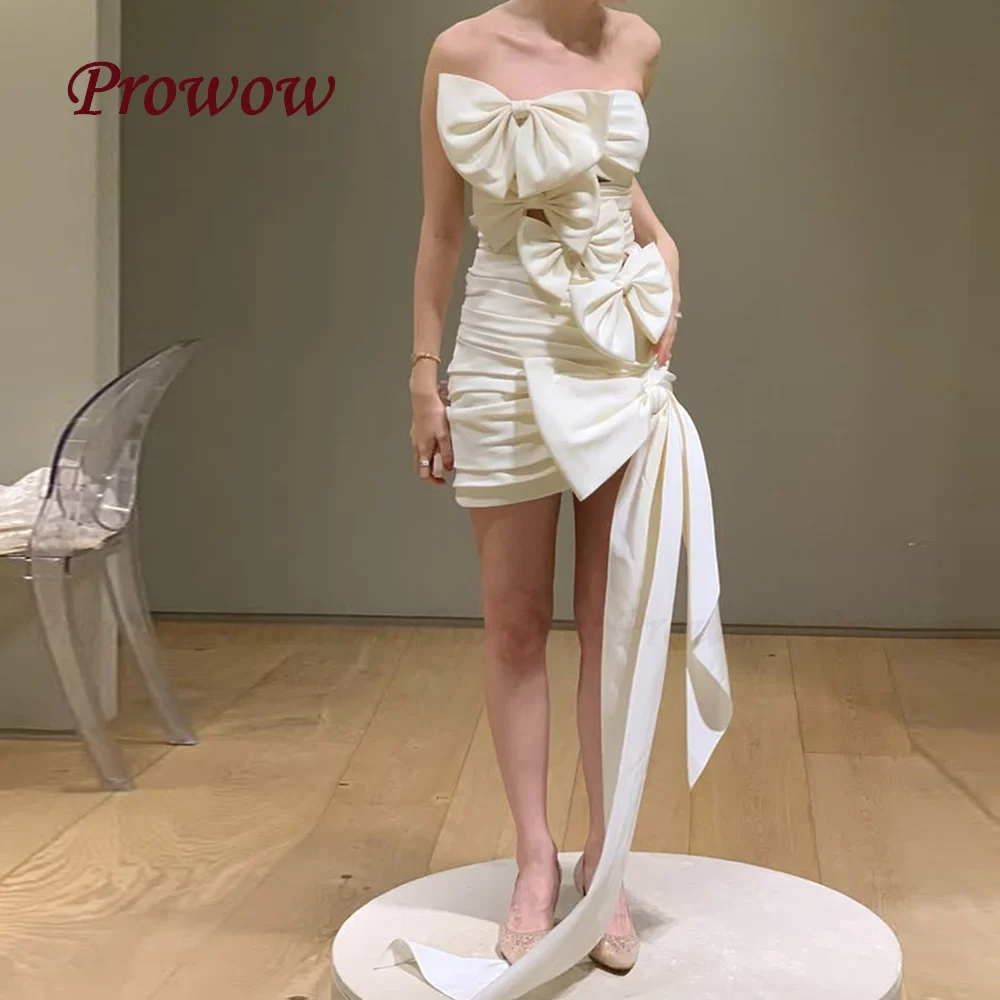 

Prowow Unique Ivory Short Wedding Dress Korea Photo Shoot Pleated Bows Mini Bridal Gown Sleeveless Corset Back Customized
