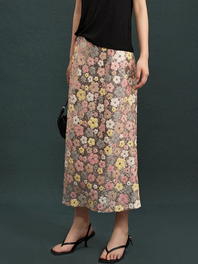 Sequin Flower Midi Skirt Embroidered Floral Back Split Skirt Stretch High Waist 2024 Spring/Summer New in Woman Clothing