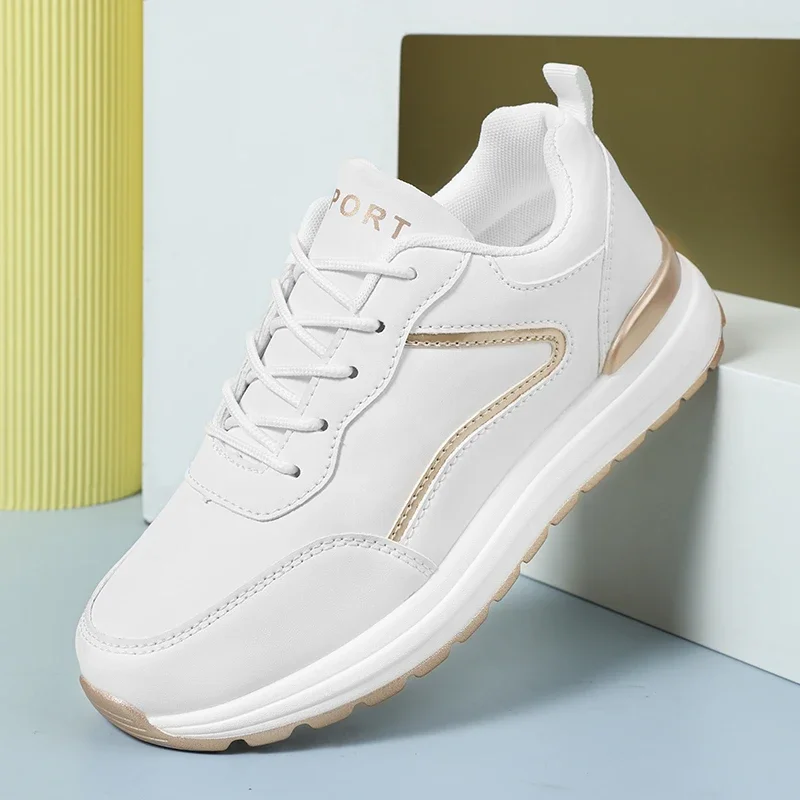 Women's Vulcanized Shoes Sneakers Comfortable Leather Casual Shoes Lace-up Soft Sole Walking Shoes Tenis Feminino Training Shoes