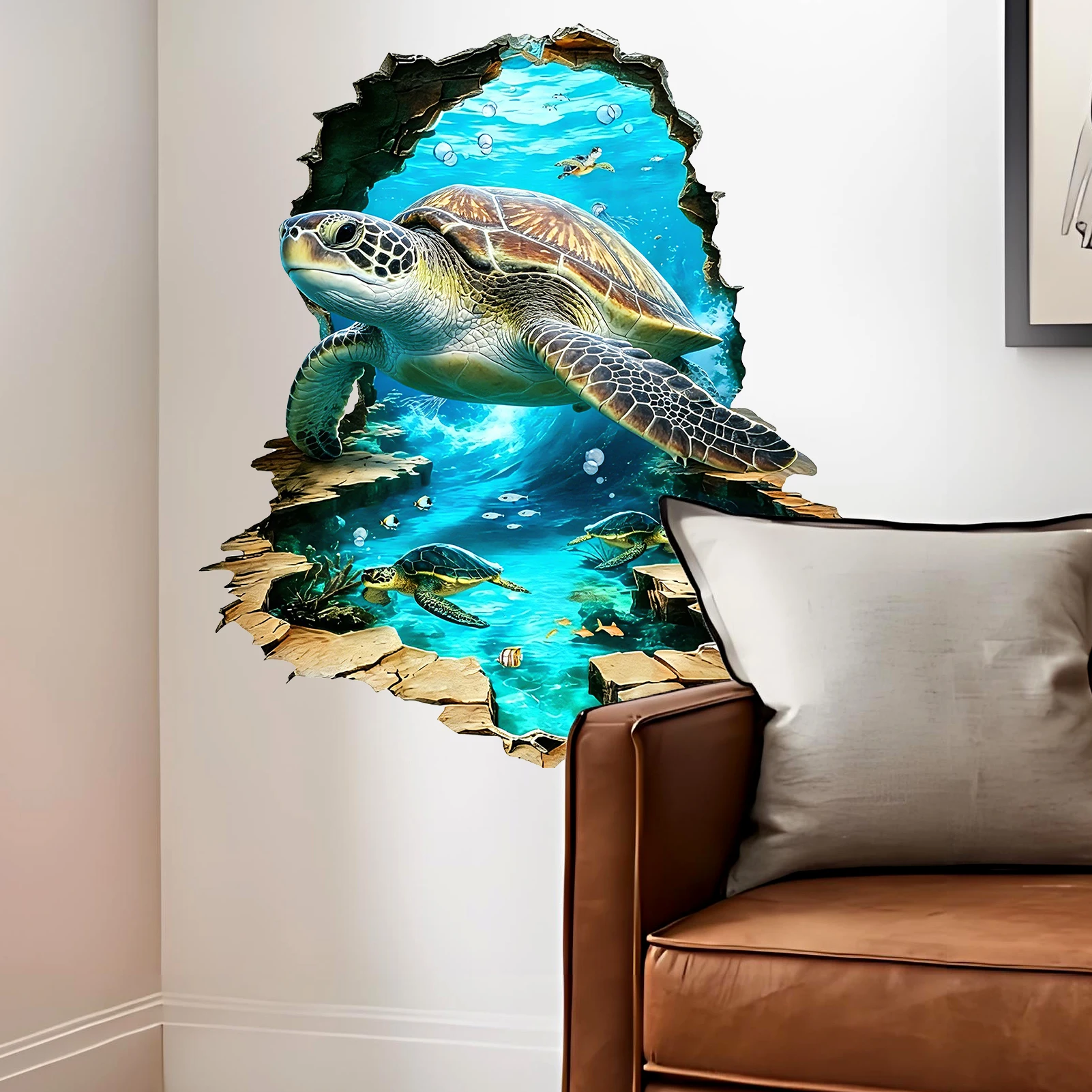 Sea Turtle Breakthrough Wall Decal, Underwater Ocean Scene Vinyl Sticker for Home Decor