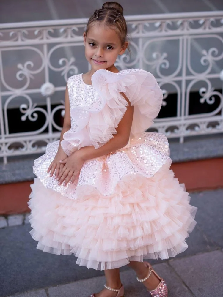 Custom Flower Girl Dress Asymmetrical One Large Tulle Ruffle Shoulder All Over Sequin Bodice Multi Layer Ruffle Tulle Skirt