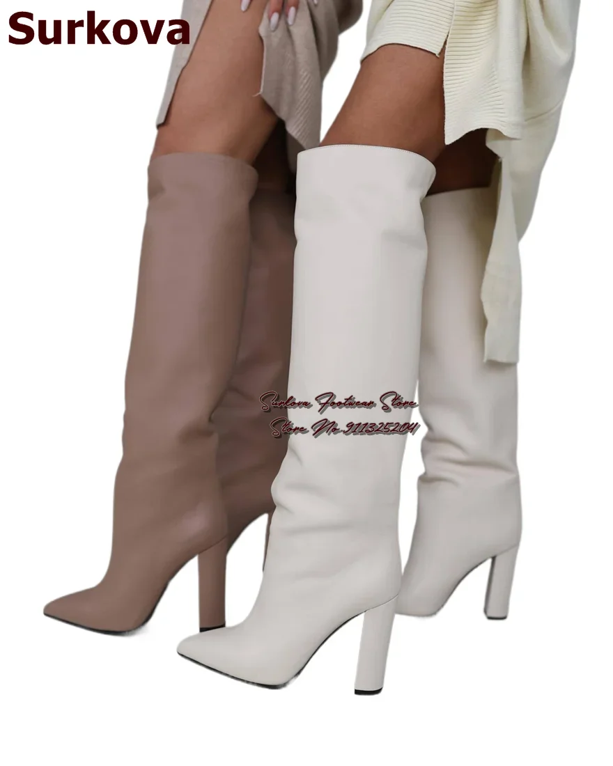 Surkova Nude White Matte Leather Chunky Heel Knee Boots Simple Model Pointed Toe Block Heels Tall Boots Fall Winter Dress Shos