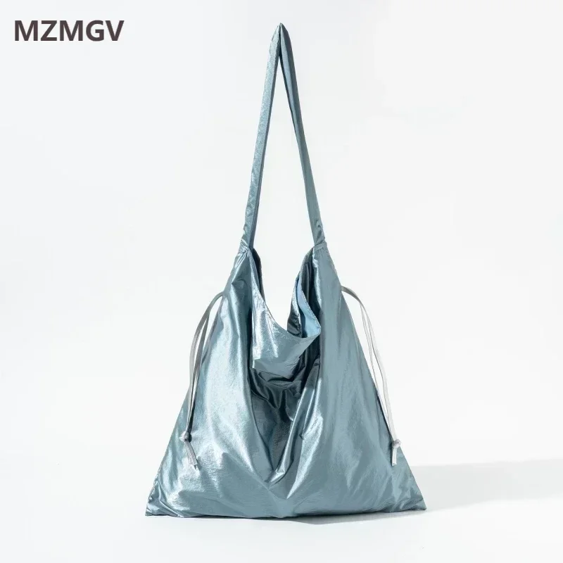 

Meet You Large Capacity Bright Surface Drawstring Shoulder Bag Solid Color Simple Tote Bag College Student Daliy Messenger Bag
