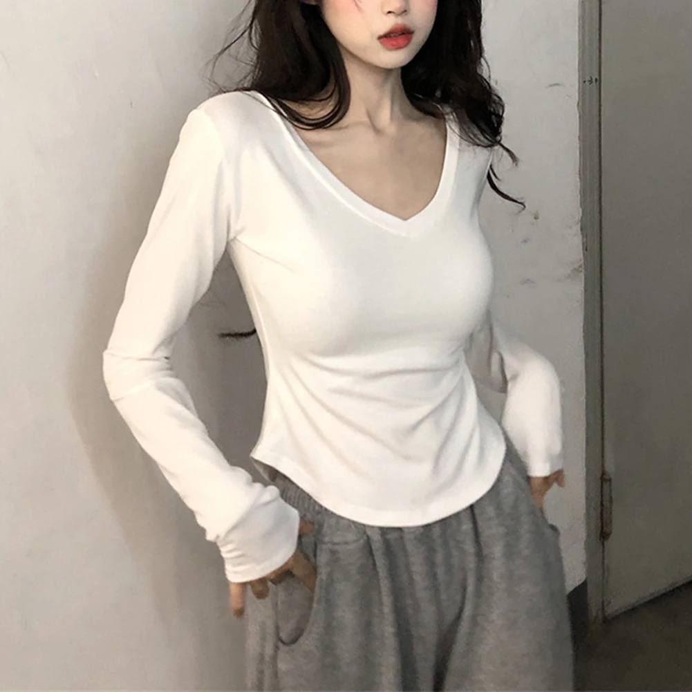 Manga longa para mulher fino ajuste vneck camiseta outono topo cor sólida casual wear leve tecido elástico confortável e elegante
