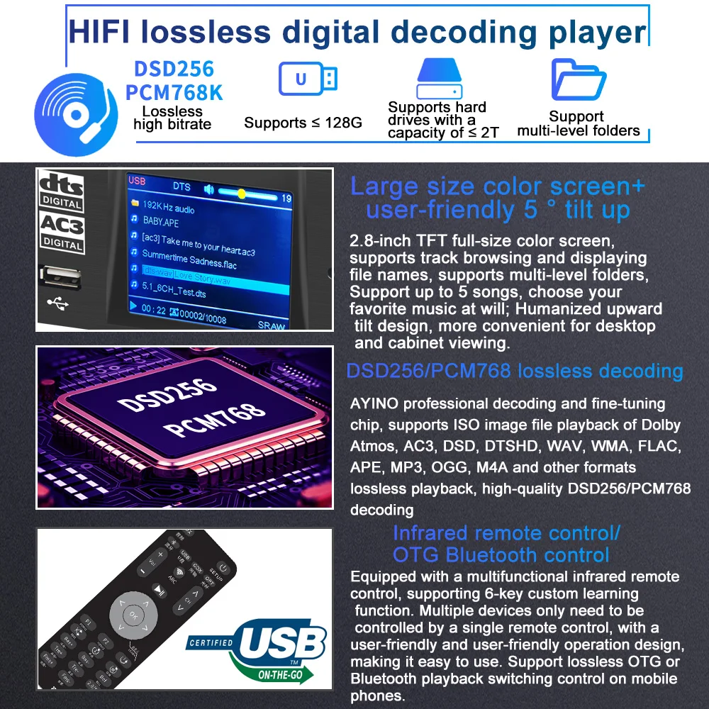 5.1CH DTSHD-Decoder for Audio Atmos ESS9038q2m*3 Converter 4K HDMI2.0 Qcc5125 Bluetooth5.1 Adapter DSD PCM768K DAC ARC PCUSB OTG