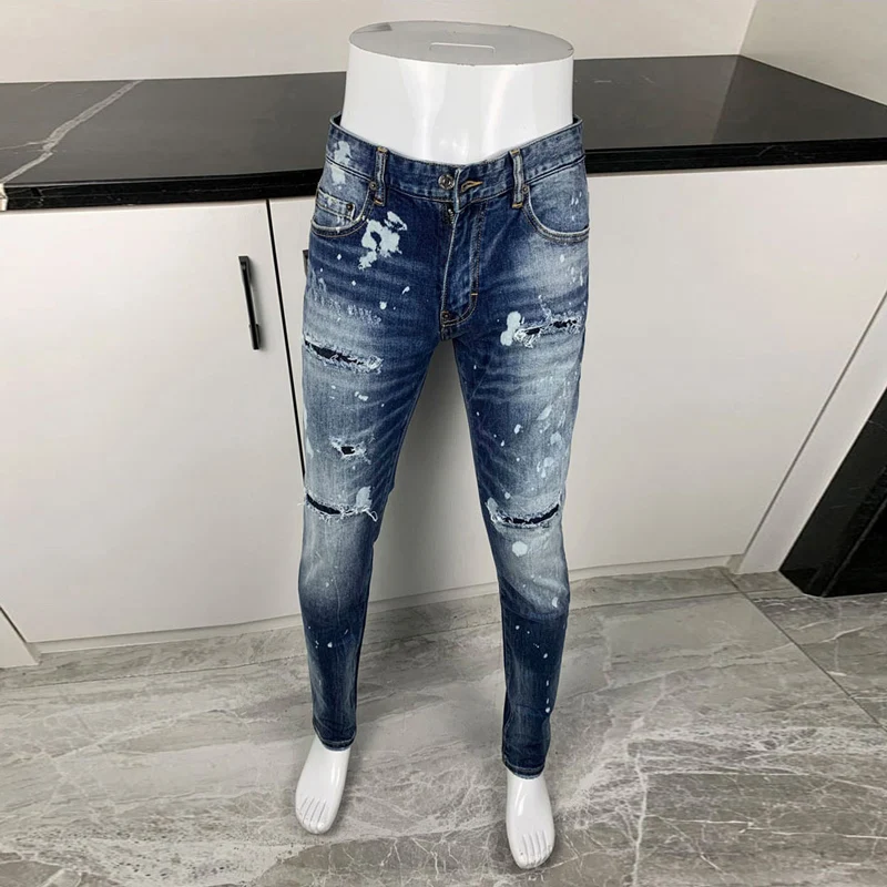 

Street Fashion Men Jeans High Quality Retro Washed Blue Stretch Skinny Fit Ripped Jeans Men Painted Designer Hip Hop Brand Pants