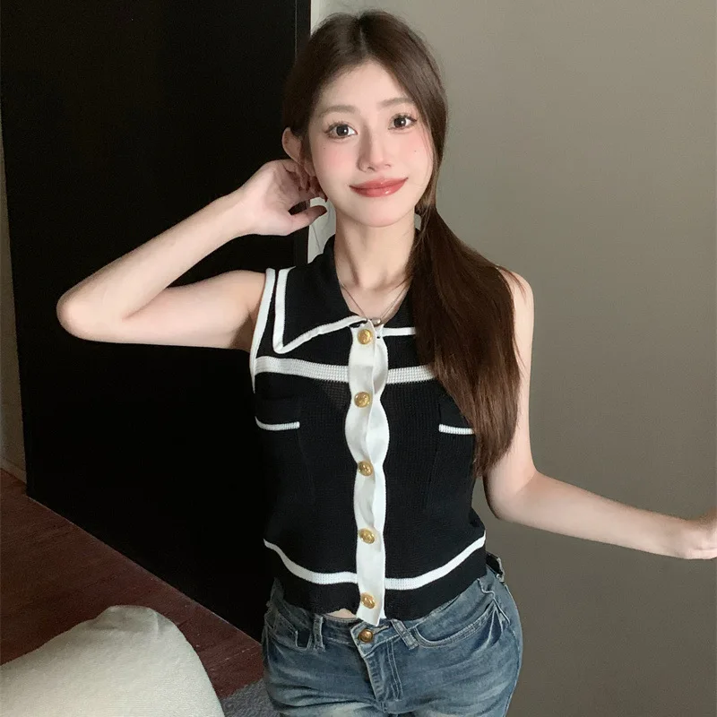 Ice Silk Knitted Cardigan Women\'s Summer Sleeveless Slim Fit Short Contrast Doll Neck Blue Tank Top