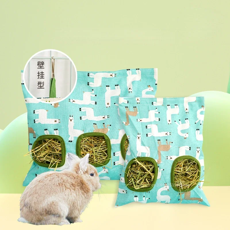 Rabbit Hay Bag Hanging Pouch Feeder Holder Cute Durable Feeding Dispenser Container for Rabbit Guinea Pig Small Animal 2/3 Holes