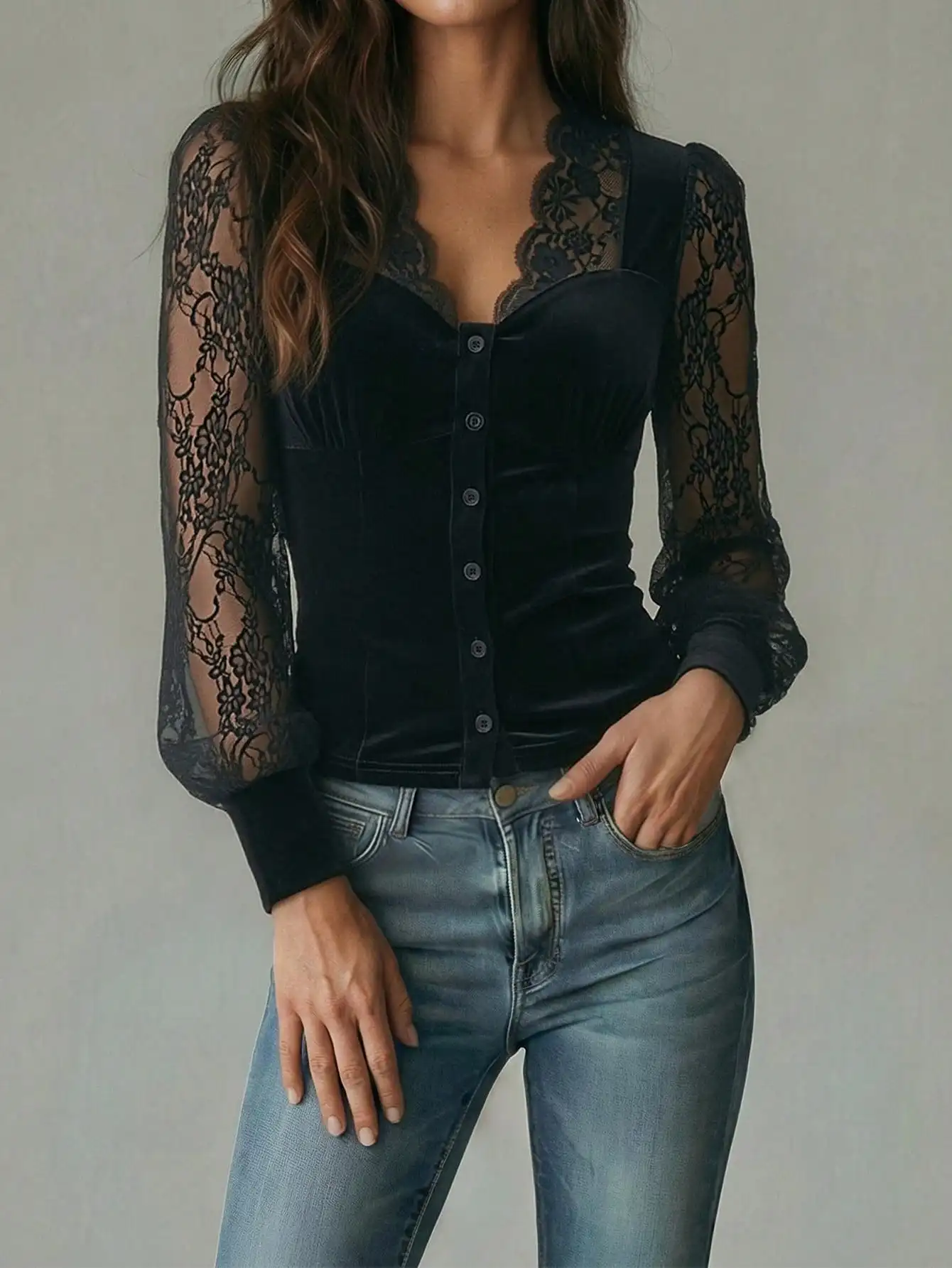 

Женская блузка-рубашка черная, с кружевом, длинным рукавом, бархатная, приталенная, с V-образным вырезом, на пуговицах, элегантная повседневная