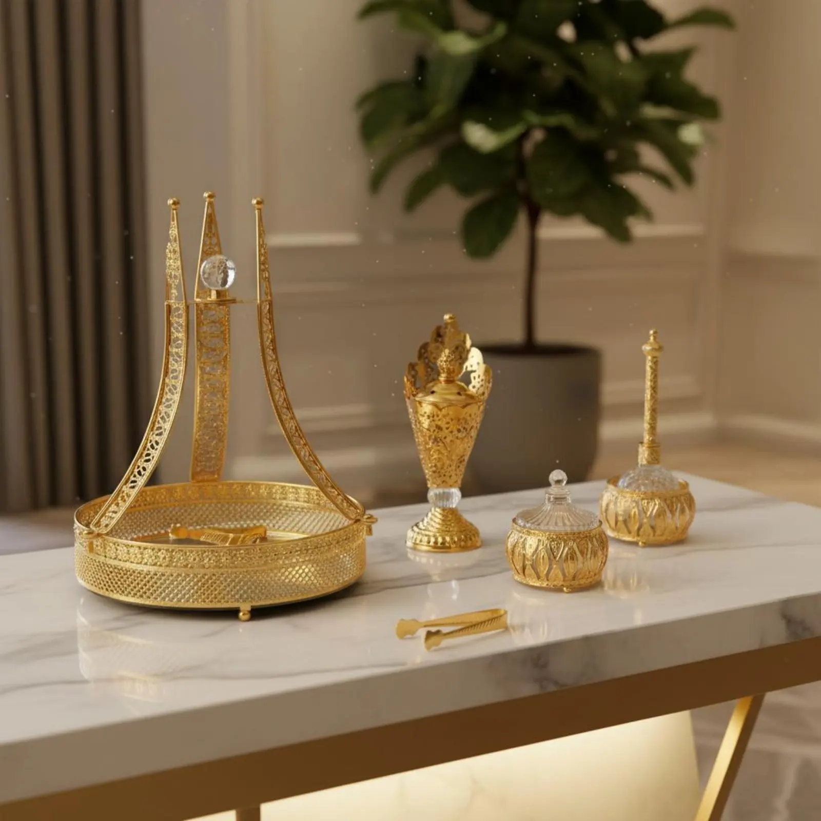 5 Pieces Arabian Incense Burner Set Luxury Design Gold Incense Burner Set Home Ornament Metal Craft Gift Choice for Living Room