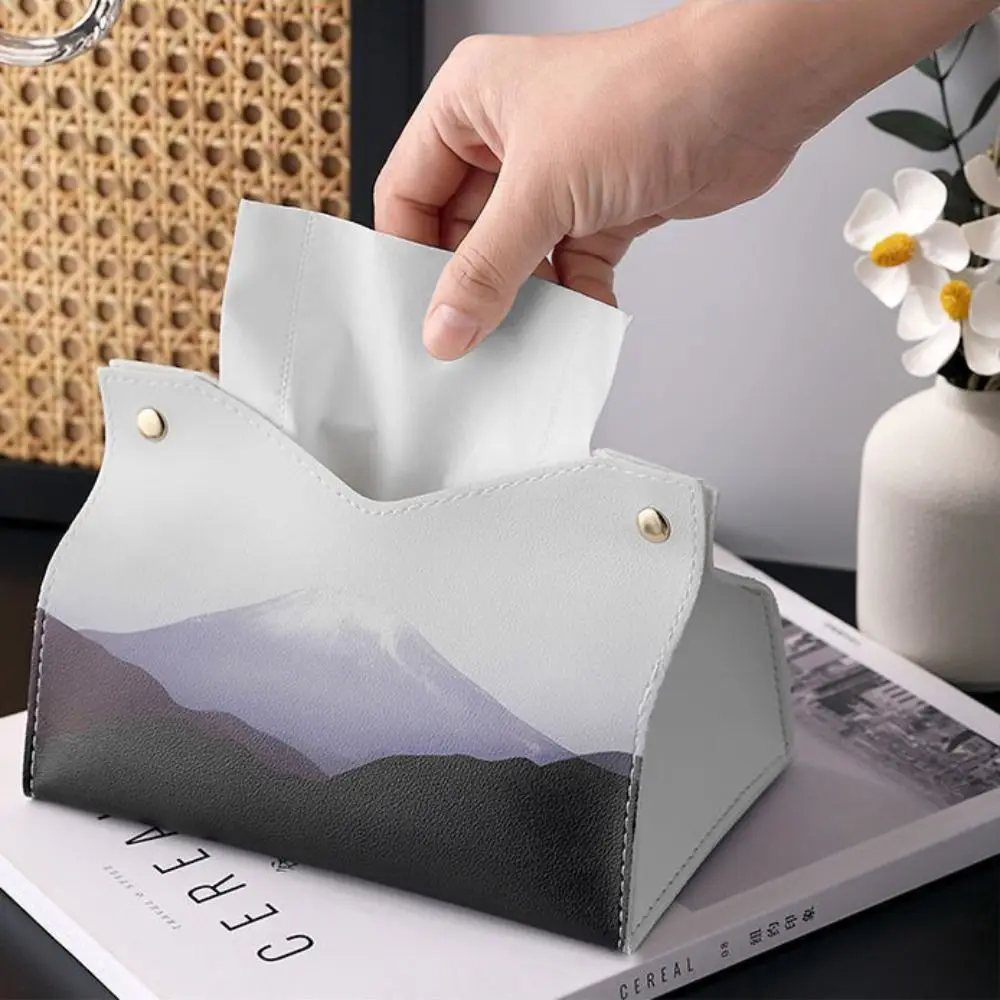 PU Leather Tissue Case High Quality Wear-resistant Fuji Mountain Car Tissue Box Waterproof Retro Napkin Holder Office