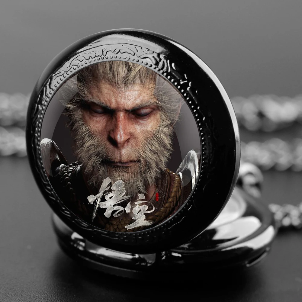 Black Myth: WuKong Game Glass Dome Vintage Arabic Numerals Quartz Pocket Watch Necklace Pendant Clock Chain Mens Boys Gift