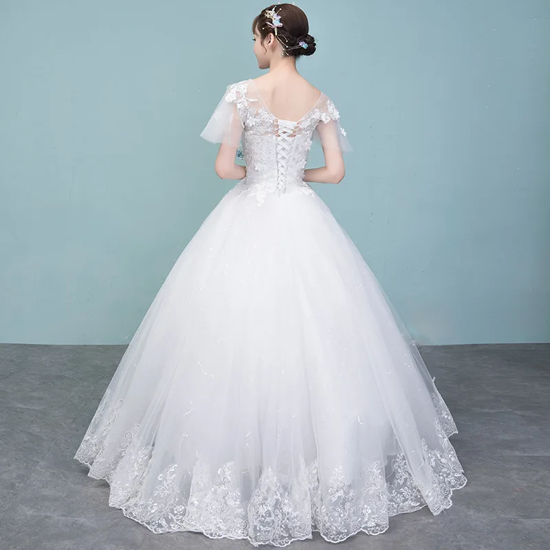 Illusie O-hals Baljurk Trouwjurken Zoete Kanten Applique Tule Gewaad Mariage Femme Nieuwe Elegante Vloer-Lengte Suknia Slubna