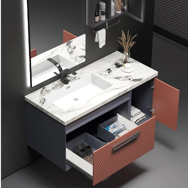 

Modern style solid wood board bathroom cabinet cosmetic mirror rock slab splicing washbasin small apartment bathroom cabinet set