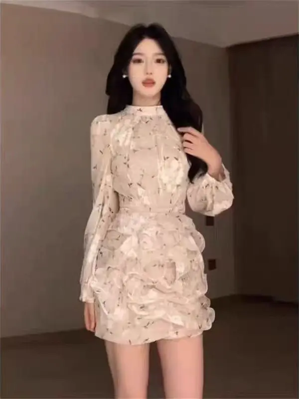 Vestido Feminino Elegante com Estampa Floral, Manga Longa, Cintura Alta, Saia em A, Vestido Curto, Moda Feminina para Primavera e Outono