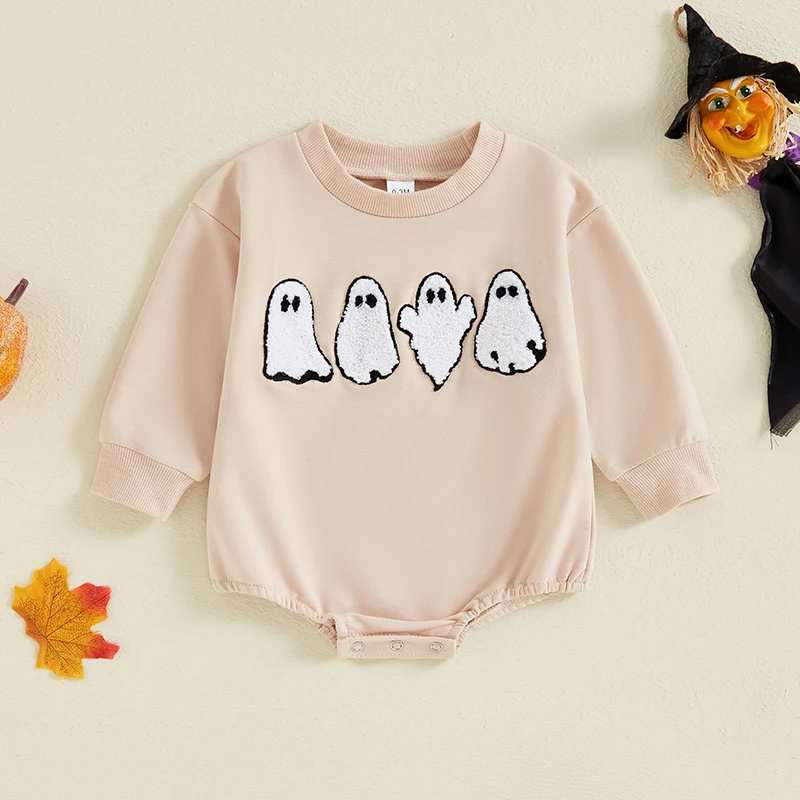 Infant Baby Girl Boy Sweatshirt Romper Ghost Embroidered Patch  Playsuit Jumpsuit Newborn Halloween Clothes